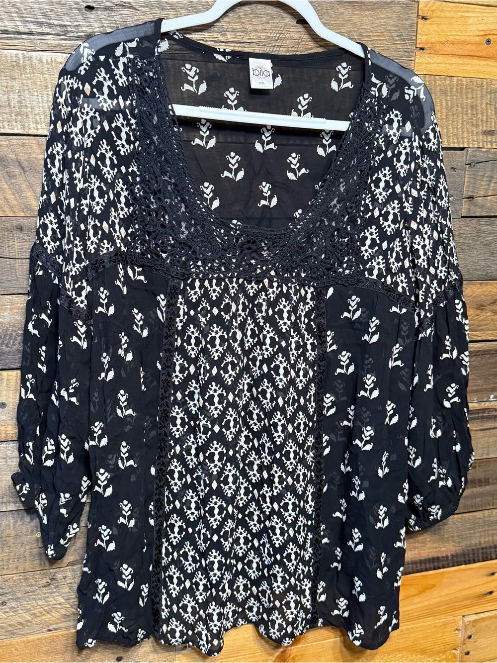 Bila Womens XXL Black White Floral Peasant Boho 3/4 Sleeve Sheer Top